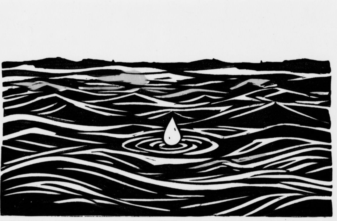 Woodcut-style print of a single white water droplet suspended above a dark choppy ocean, with concentric ripples spreading out beneath it