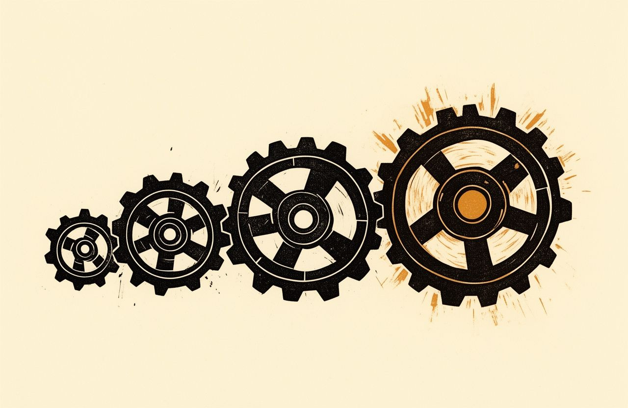 Woodcut-style print of four interlocking cog wheels ascending in size from left to right, bold black ink on cream paper with warm amber accent on the largest gear