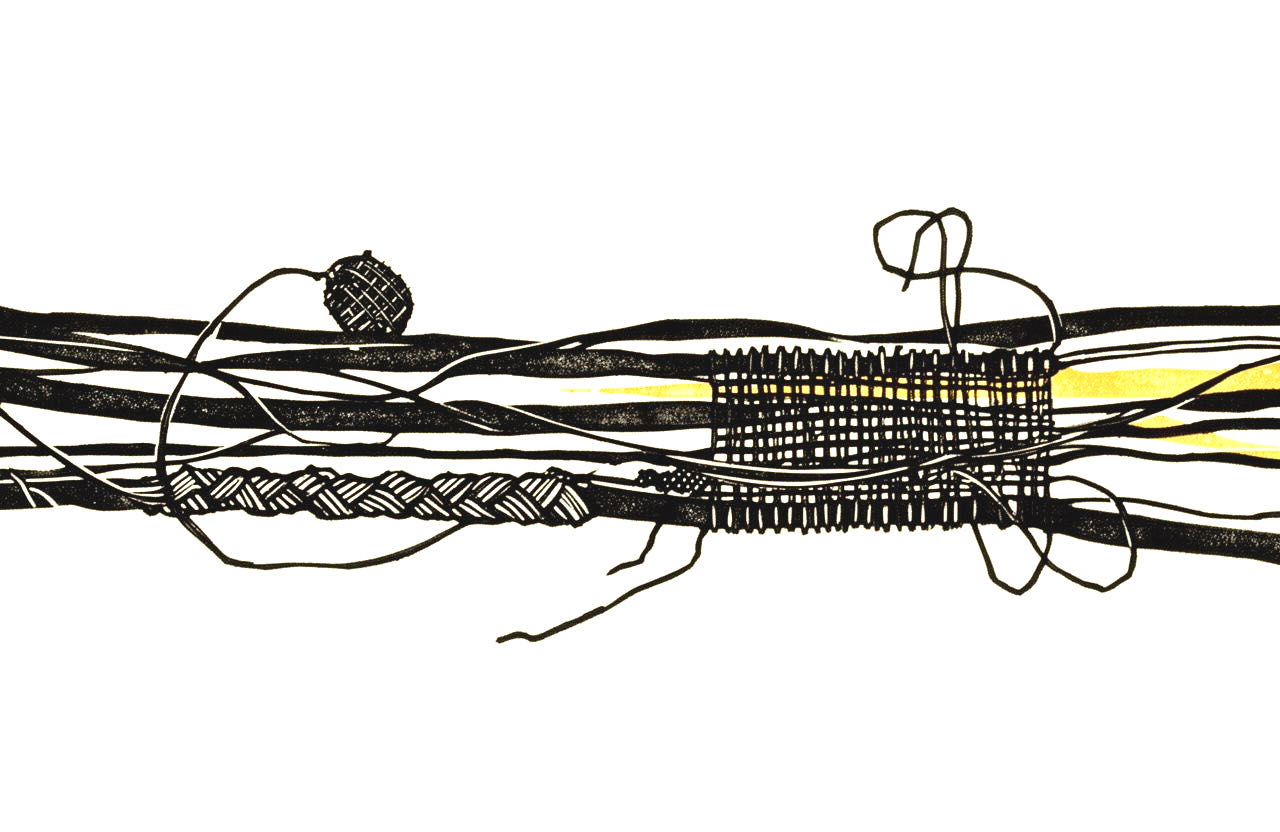 Woodcut-style print of dark ink threads running horizontally in parallel, with a small section woven into a rough grid at the centre and sparse amber accents showing through the gaps