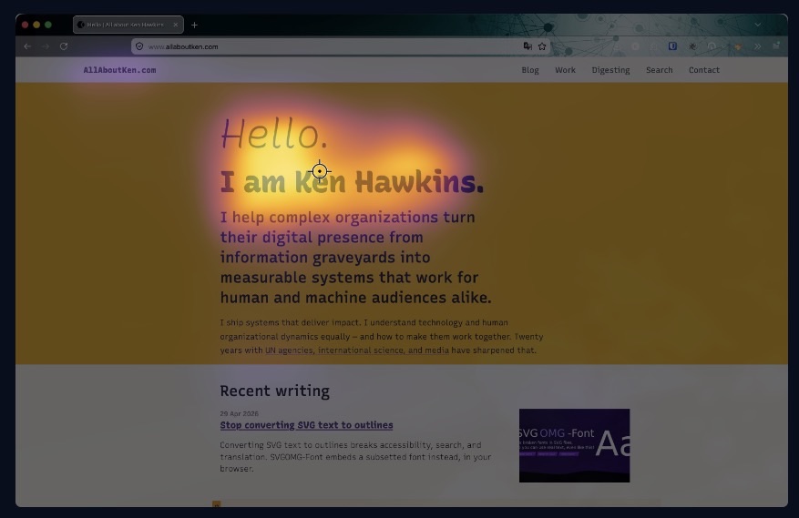 Predicted attention heatmap overlaid on the allaboutken.com homepage. Warm orange and yellow colors concentrate on the site header and the first content heading; the lower body of the page shows cooler blue tones indicating lower predicted attention.