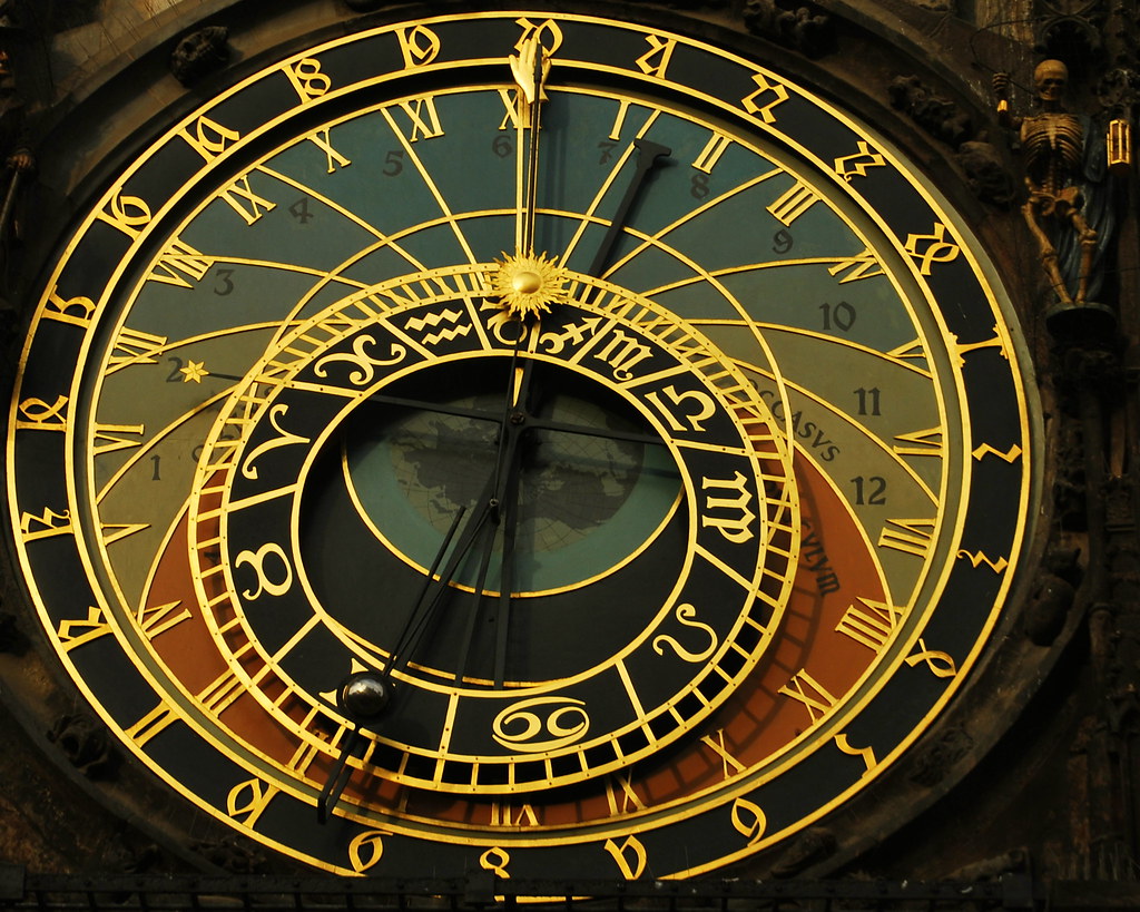 The Prague Astronomical Clock face showing its ornate dials for tracking time, sunrise, sunset, and celestial positions