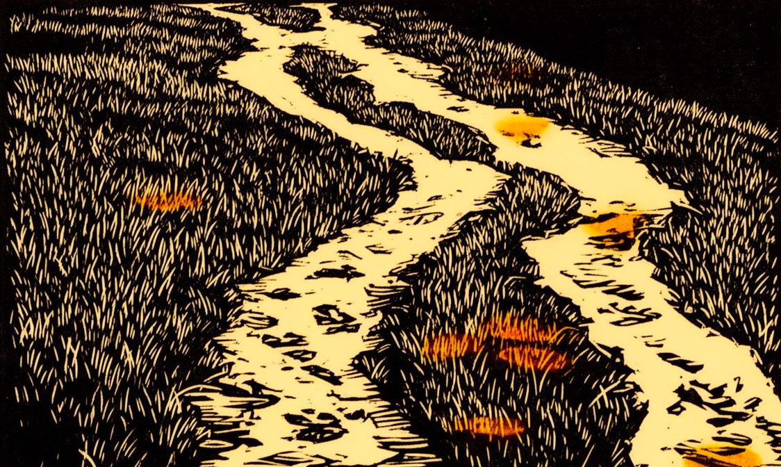Blockprint-style woodcut of two winding pale paths through dark dense grass with warm amber accents