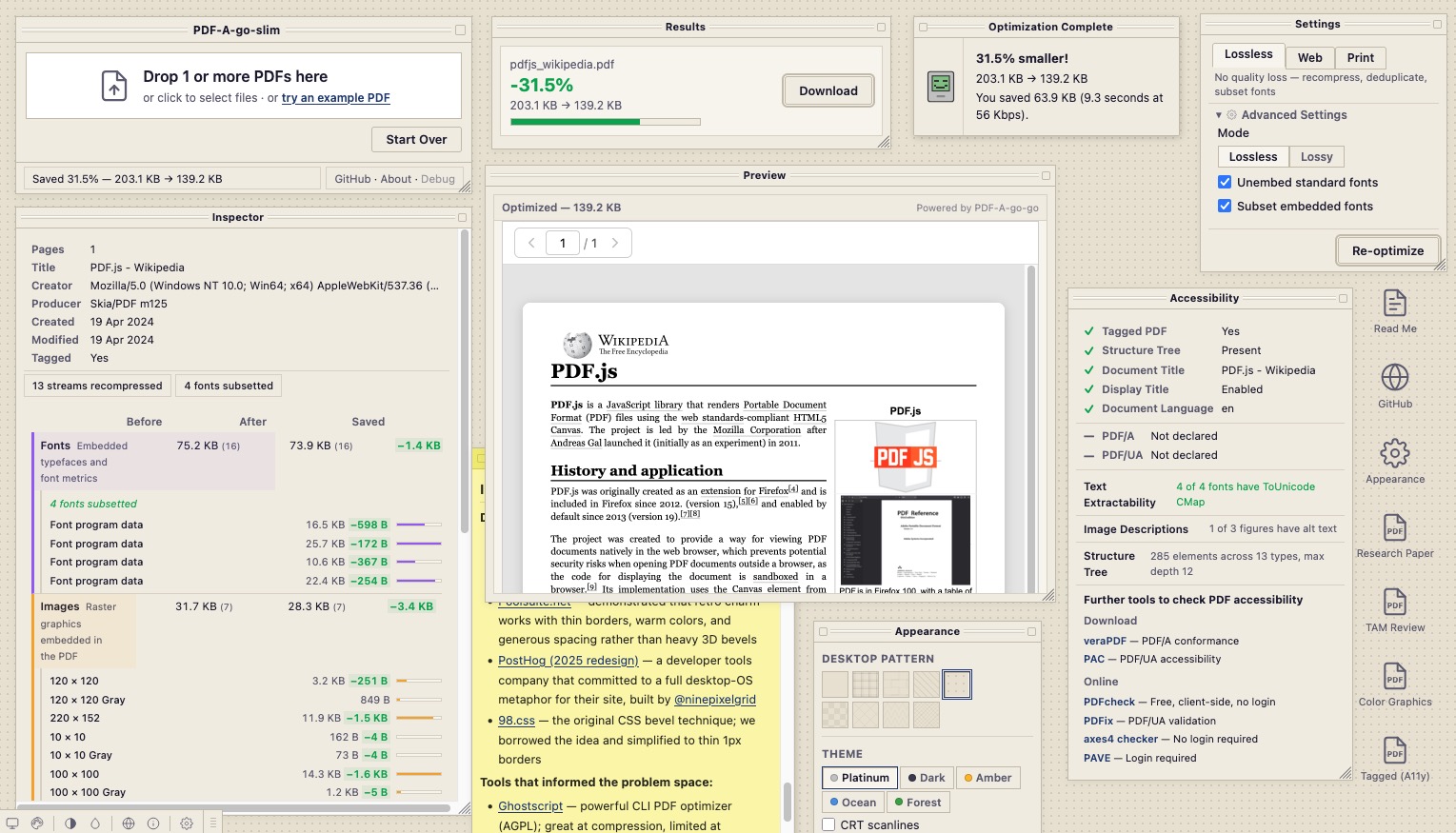 Screenshot of PDF-A-go-slim showing a Mac OS 8-inspired browser interface with floating draggable palettes for settings, results, object inspection, PDF preview, and accessibility auditing.