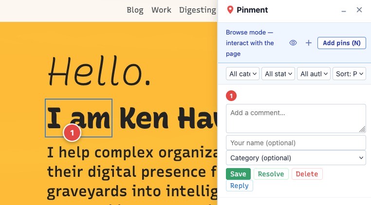 Pinment bookmarklet active on a webpage, showing pin number 1 placed on the heading text with a blue dashed outline around the element, and the comment panel open on the right with filter dropdowns and Save, Resolve, Delete, Reply buttons.