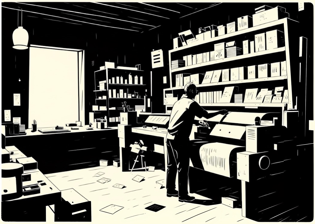 Blockprint of a dim attic with loose metal type and ink for a letterpress shop.