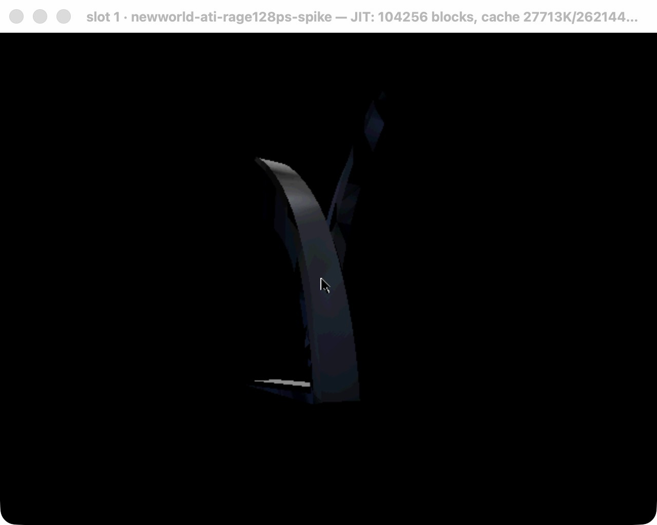A dark, untextured three-dimensional shape rendered in shades of grey and near-black against a black background, filling an otherwise empty emulator window.