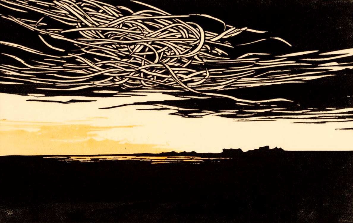 Woodcut-style print of a tangled mass of white lines billowing across a dark sky above a flat amber-lit horizon and silhouetted landscape