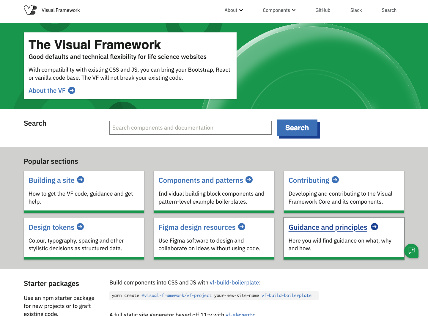 Visual Framework homepage showing component library documentation and examples