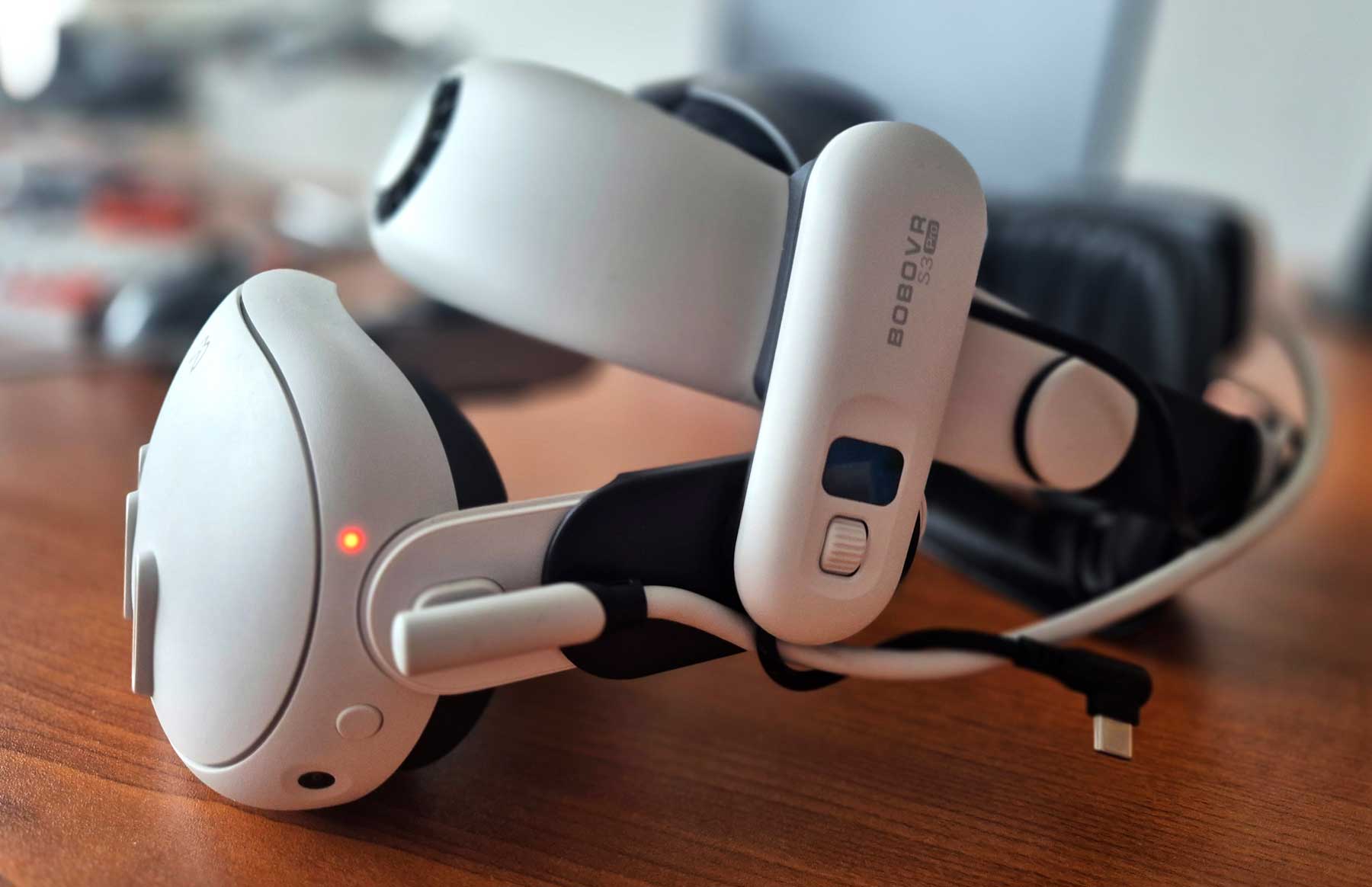 Quest 3 headset with Bobo VR S3 Pro halo strap, face padding removed for visor mode