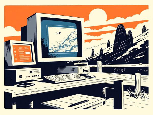 Illustration of a 1990s desktop PC with CRT monitor showing a browser window, beside a smaller screen displaying a hit counter, in a retro poster style.
