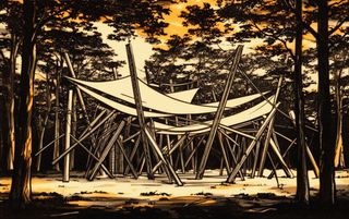 Woodcut-style print of a wide pavilion in a forest clearing. Many slender wooden poles cross at angles to support a curved pale sailcloth canopy stretched between them. Dark trees frame both sides; an amber sky glows behind.