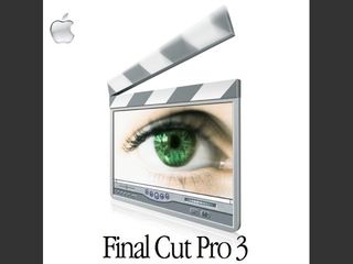 Final Cut Pro 3 box art showing a film clapperboard with a monitor displaying a close-up of a green eye, with the Apple logo in the upper left corner.