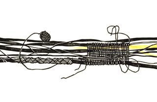 Woodcut-style print of dark ink threads running horizontally in parallel, with a small section woven into a rough grid at the centre and sparse amber accents showing through the gaps