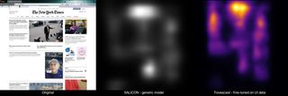 Three-panel comparison using a New York Times page: the original screenshot, a SALICON heatmap showing a diffuse central blob with no meaningful structure, and the Foveacast heatmap concentrating attention on the masthead, primary headline, and article bylines.