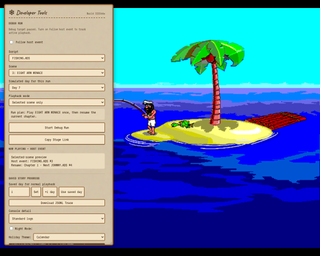 The Developer Tools panel beside Johnny fishing. FISHING.ADS and EIGHT ARM MENACE are selected, with controls for the simulated day, single-scene playback, saved story progress, and downloading a JSONL trace.