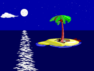 Johnny sleeps beneath a palm tree on a small island at night. A full moon and stars light the blue sky, with a bright reflection stretching across the sea.
