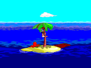 Johnny clings halfway up a palm tree while a red octopus sits below him on a tiny island, with a raft beside the shore and blue sea beyond.