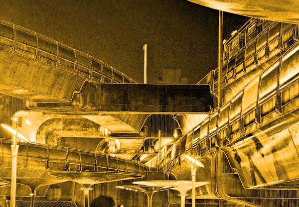 Escalators and elevated walkways at Bangkok's OneSiam Skywalk — multiple pathways converging in a complex urban transit hub