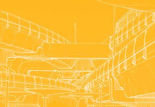 Escalators and elevated walkways at Bangkok's OneSiam Skywalk — multiple pathways converging in a complex urban transit hub (line drawing)