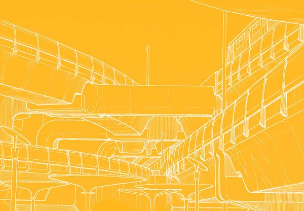 Escalators and elevated walkways at Bangkok's OneSiam Skywalk — multiple pathways converging in a complex urban transit hub (line drawing)