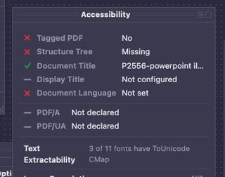 Accessibility palette showing trait checklist with red X marks for Tagged PDF, Structure Tree, and Document Language, neutral dashes for PDF/A and PDF/UA, and a ToUnicode coverage audit showing 3 of 11 fonts mapped.