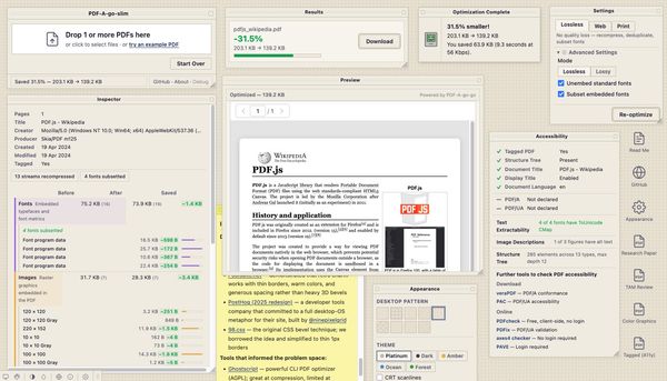 Screenshot of PDF-A-go-slim showing a Mac OS 8-inspired browser interface with floating draggable palettes for settings, results, object inspection, PDF preview, and accessibility auditing.