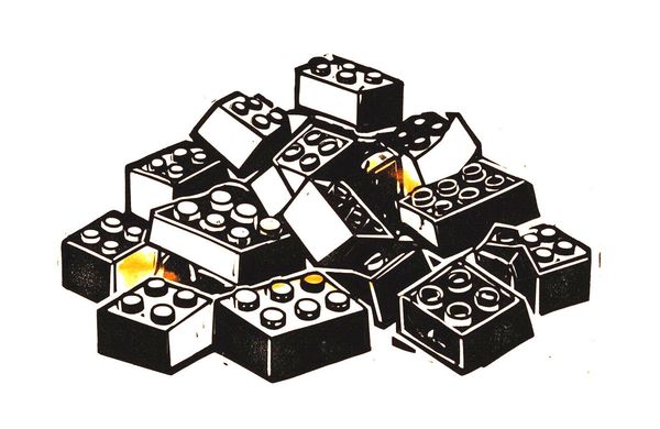 Woodcut-style print of interlocking building blocks piled haphazardly in a heap, none connected, with sparse warm amber accents
