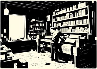 Blockprint of a dim attic with loose metal type and ink for a letterpress shop.
