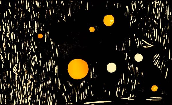 Woodcut-style print of glowing amber and white orbs scattered across a dark background with rough white hatching marks