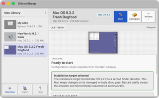 A macOS app window titled SiliconSheep. A Mac Library sidebar lists three virtual machines. The selected machine shows Start, Configure and Actions buttons, a thumbnail of a purple Mac OS 9 Finder desktop, and a status panel reading Ready to start.