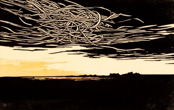 Woodcut-style print of a tangled mass of white lines billowing across a dark sky above a flat amber-lit horizon and silhouetted landscape