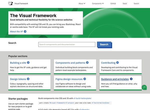 Visual Framework homepage showing component library documentation and examples